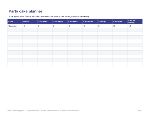 Preview of the first page of Party planner (XLSX)