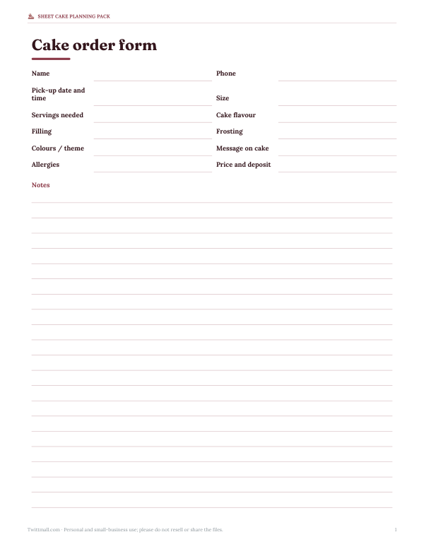 Preview of Half Sheet Cake Order Form