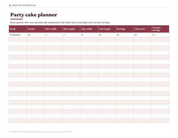 Preview of Printable Party Cake Planner